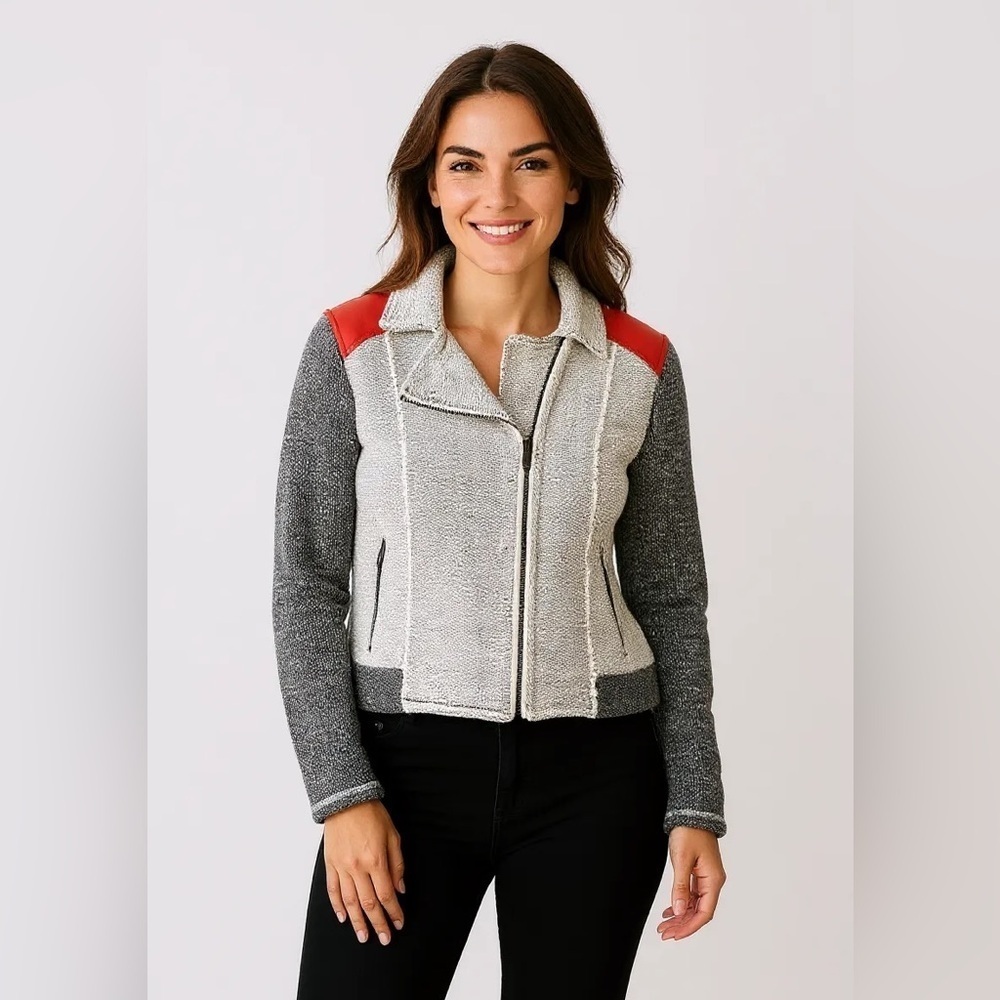 THE LETTER Gray Black Orange Knit Medium M Moto Jacket Zip Distressed